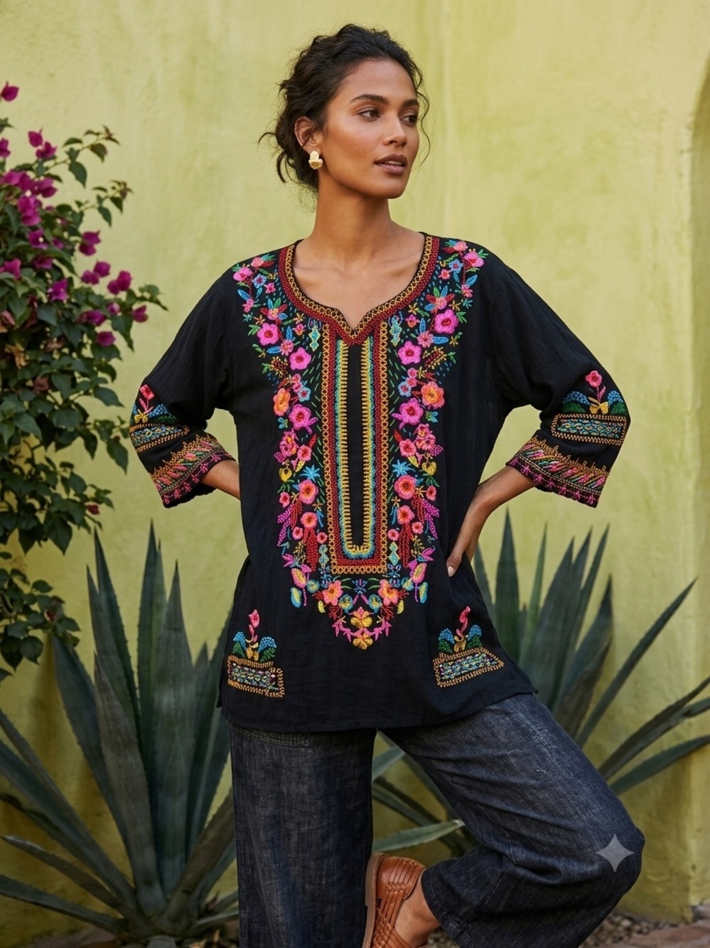 Bohemian Peasant Floral Embroidered Black Vibrant Blouse Whimsygoth Large